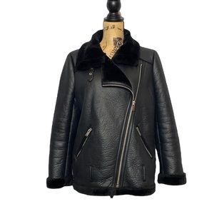 Zara Woman Black Faux Leather & Fur Warm Winter Moto Jacket M
